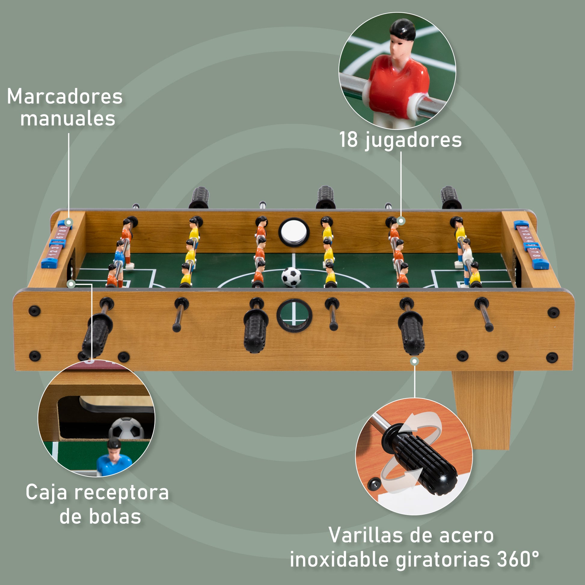 Tabletop Foosball for Kids 6+ Years Wood Soccer Game with 2 Balls 6 Handles 2 Scorekeepers 18 Players 69x36.5x22 cm Natural