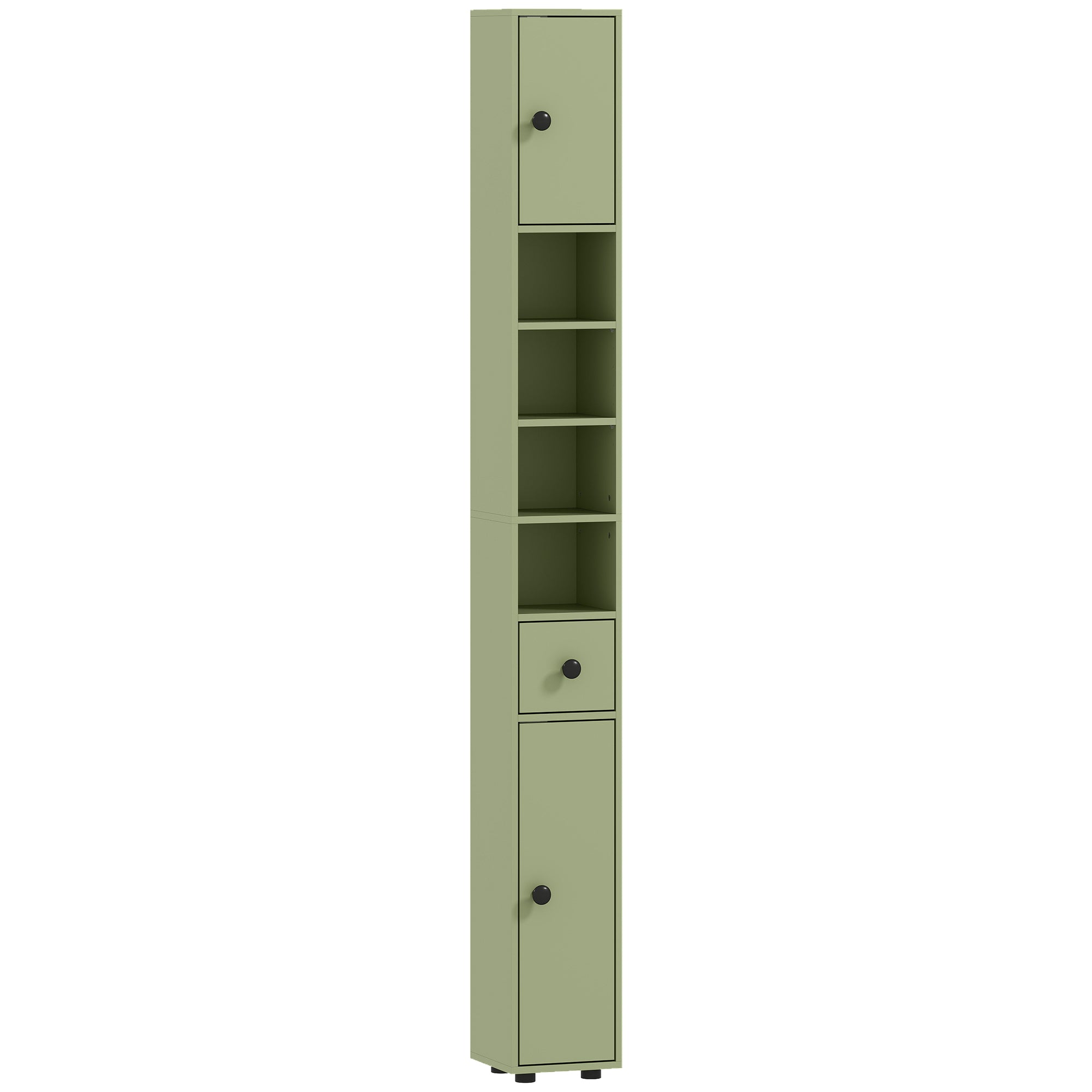 Slim Tall Bathroom Cabinet — Narrow Toilet Storage with Drawer & 4 Open Shelves, Ideal for Small Bathrooms & Living Rooms, 20 x 20 x 180 cm (7.9 x 7.9 x 71 in), Green