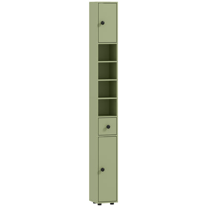 Slim Tall Bathroom Cabinet — Narrow Toilet Storage with Drawer & 4 Open Shelves, Ideal for Small Bathrooms & Living Rooms, 20 x 20 x 180 cm (7.9 x 7.9 x 71 in), Green
