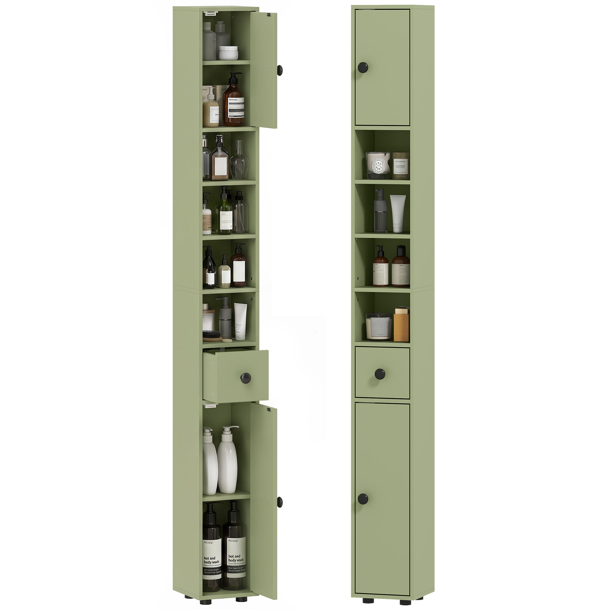Slim Tall Bathroom Cabinet — Narrow Toilet Storage with Drawer & 4 Open Shelves, Ideal for Small Bathrooms & Living Rooms, 20 x 20 x 180 cm (7.9 x 7.9 x 71 in), Green