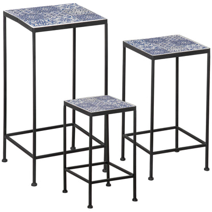 Metal Plant Stand with Floral Ceramic Tile Surface, Set of 3 Pieces for Garden and Balcony in Blue and Black