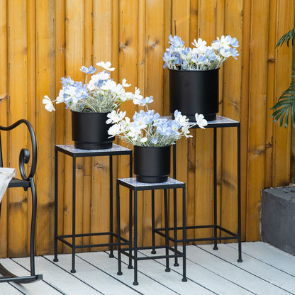 Metal Plant Stand with Floral Ceramic Tile Surface, Set of 3 Pieces for Garden and Balcony in Blue and Black