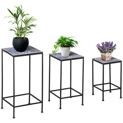 Metal Plant Stand with Floral Ceramic Tile Surface, Set of 3 Pieces for Garden and Balcony in Blue and Black