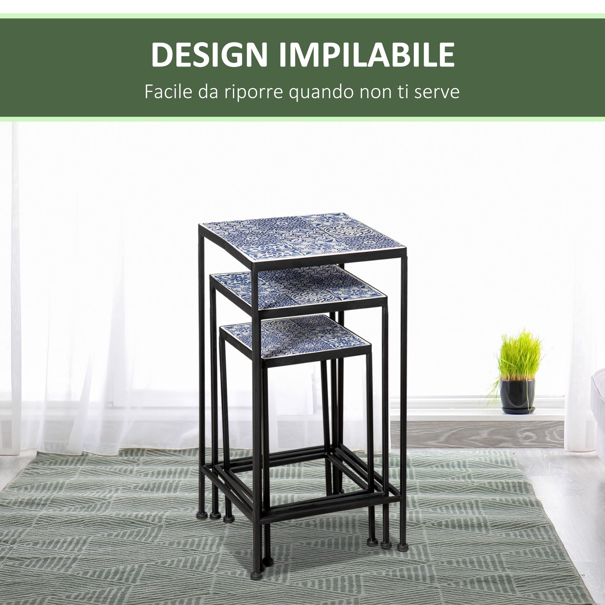 Metal Plant Stand with Floral Ceramic Tile Surface, Set of 3 Pieces for Garden and Balcony in Blue and Black