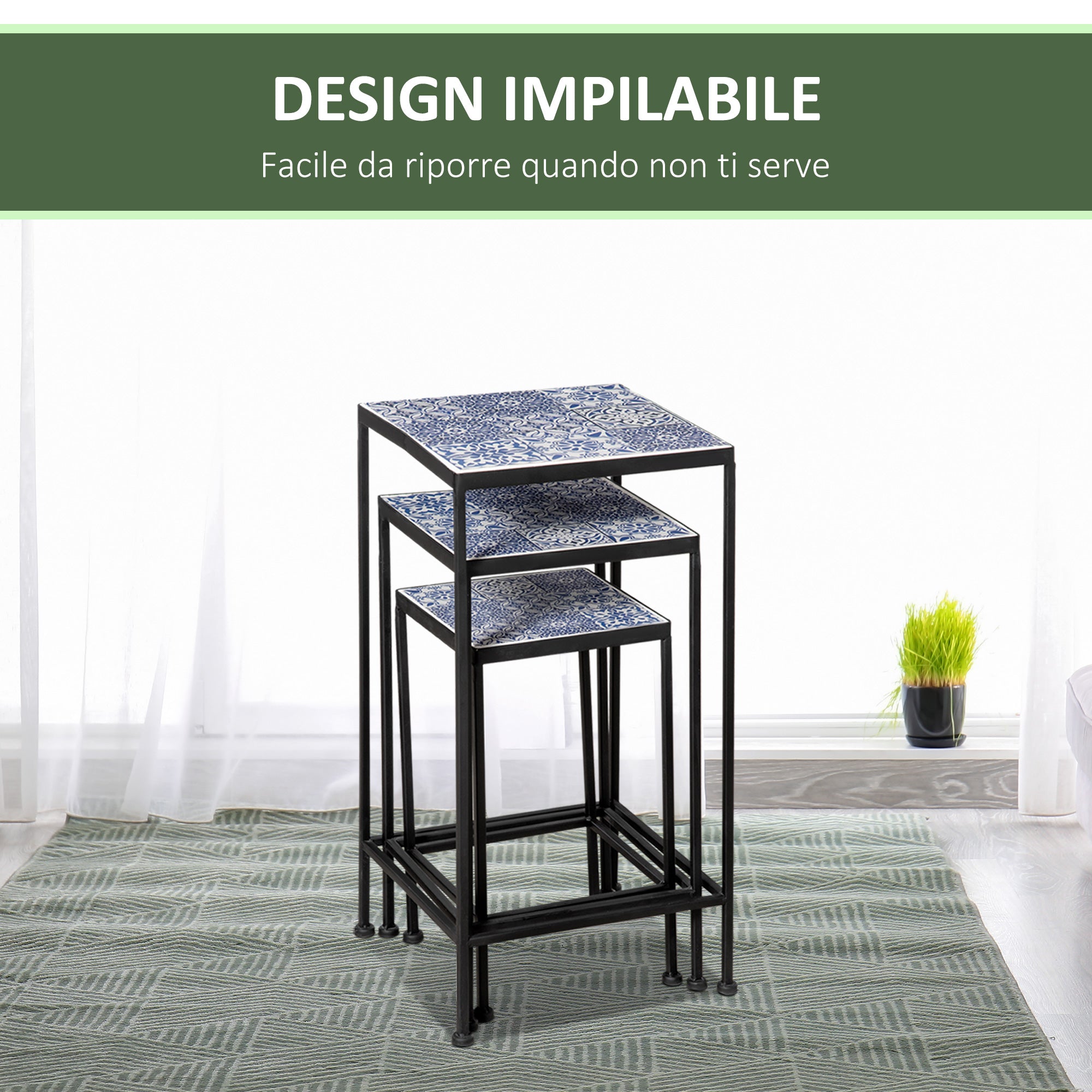 Metal Plant Stand with Floral Ceramic Tile Surface, Set of 3 Pieces for Garden and Balcony in Blue and Black