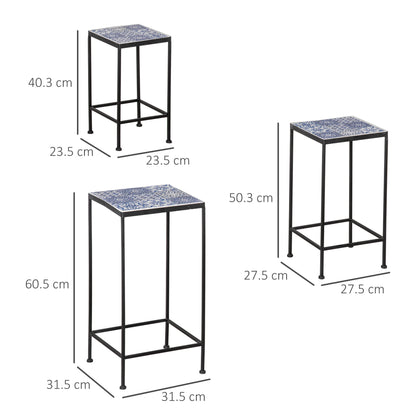 Metal Plant Stand with Floral Ceramic Tile Surface, Set of 3 Pieces for Garden and Balcony in Blue and Black