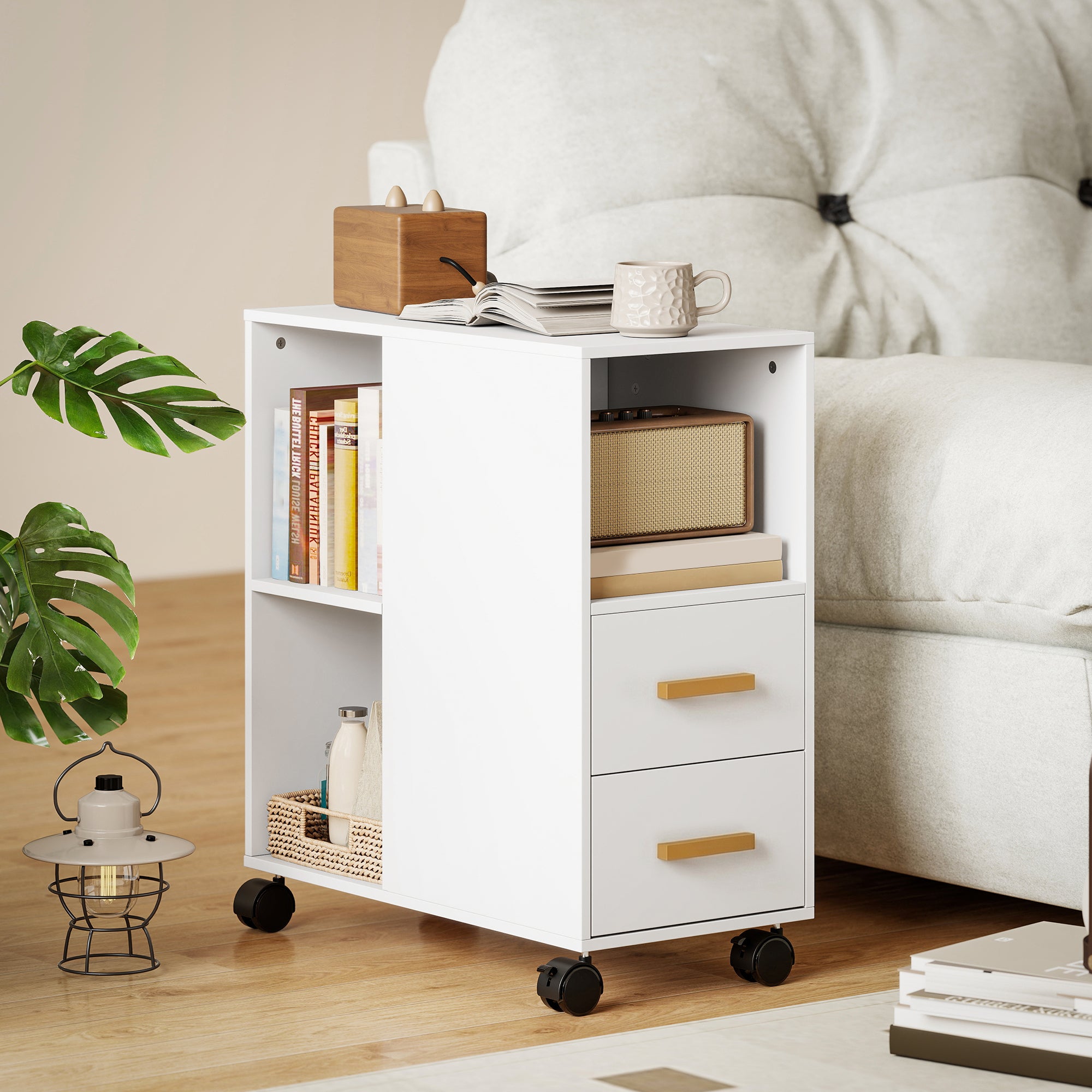 Mobile Printer Stand with Adjustable Shelf, Wheels & Desk Organizer — Printer Cart for Office, Fax, Scanner | White (23.6 x 11.8 x 25.6 in)