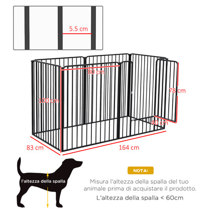 Large Size Dog Playpen with 6 Modular Panels for Indoor and Outdoor Use, Dog Gate in Steel with Door, 164x83x100 cm, Black