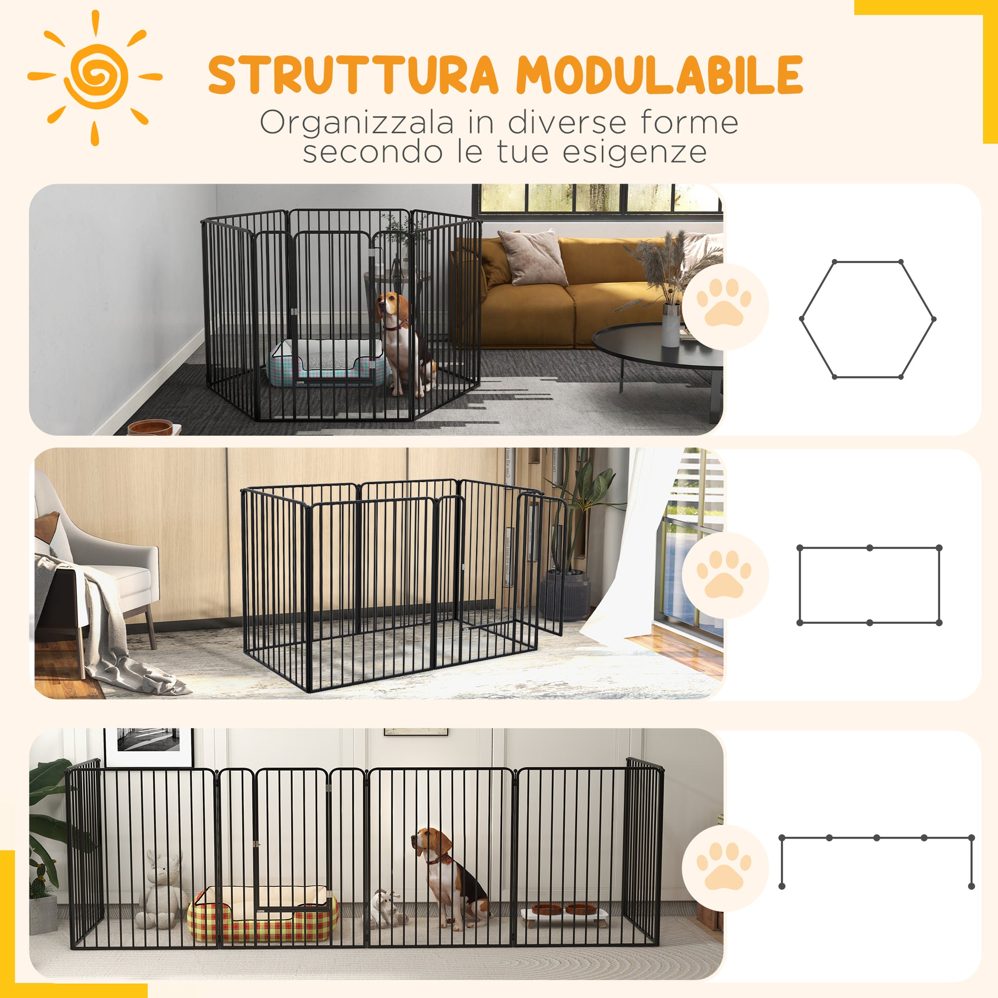 Large Size Dog Playpen with 6 Modular Panels for Indoor and Outdoor Use, Dog Gate in Steel with Door, 164x83x100 cm, Black