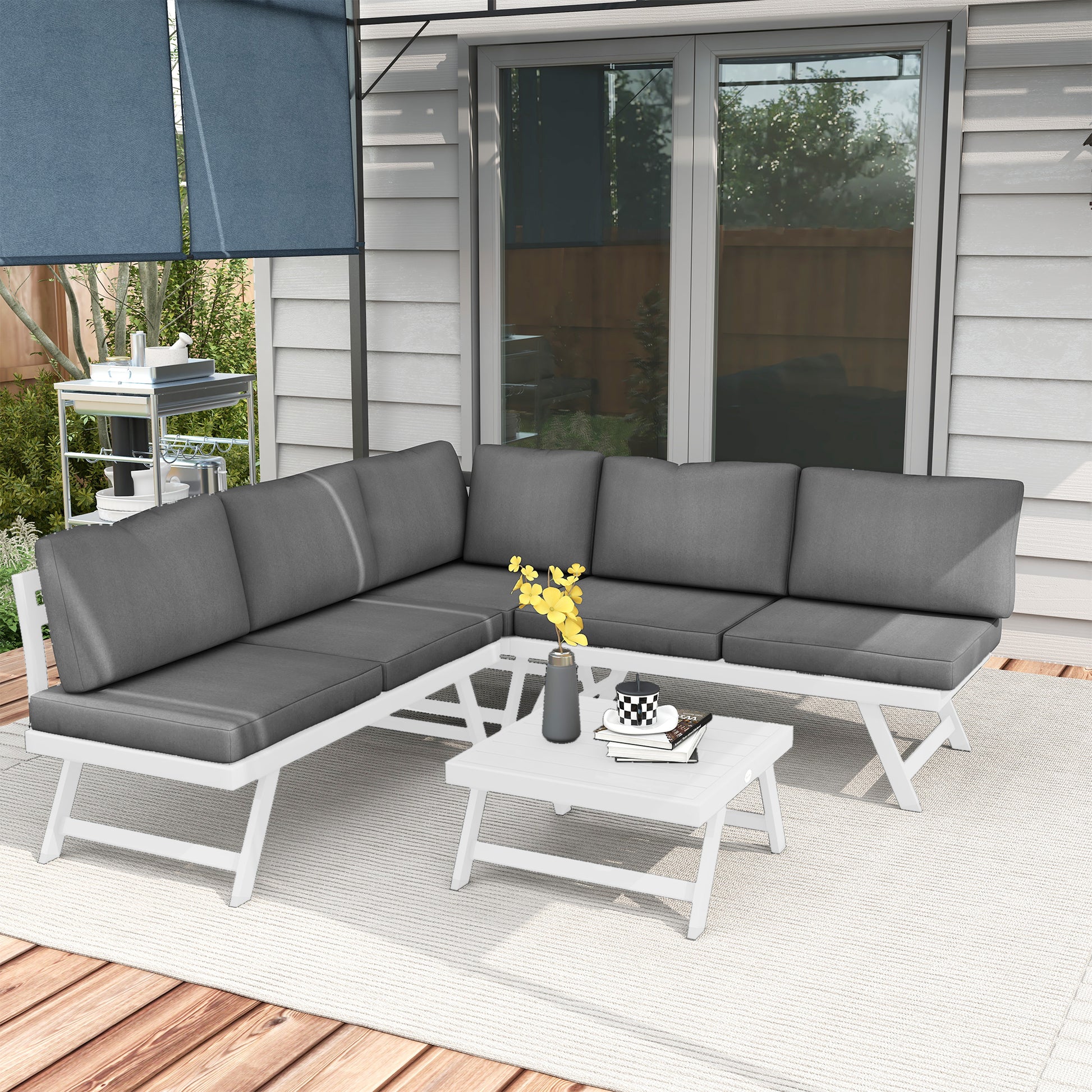4-Piece Garden Furniture Set, Balcony Furniture Set with Corner Sofa, Loveseat, Coffee Table, Garden Lounge Set with Seat Cushions, Patio Seating Group, Gray