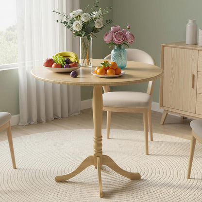 31.5 in Round Dining Table for 4, Steel Pedestal, Modern, Natural Wood Finish