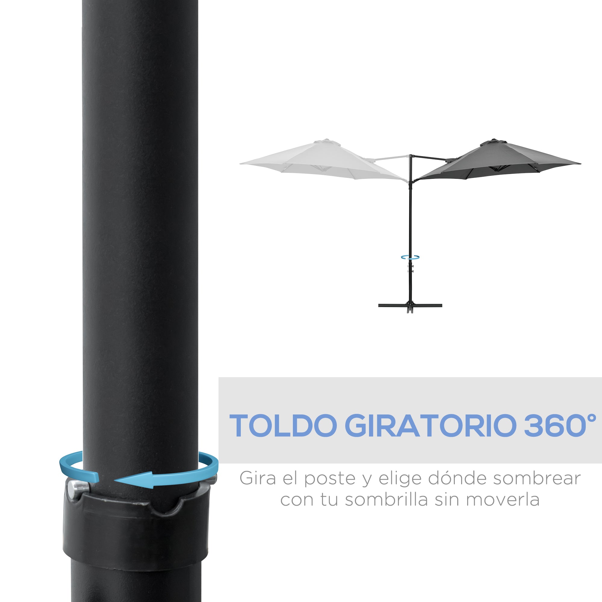 Ø256x245 cm Garden Umbrella with 360° Rotating Offset Parasol Manual Opening and Cross Base for Patio Terrace Outdoor Dark Grey