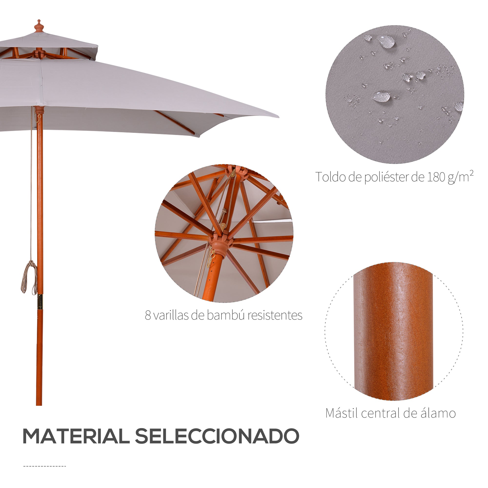 3x3x3 m Garden Umbrella Bamboo Patio Umbrella with Double Roof Pulley System Waterproof for Terrace Balcony Outdoor Gray