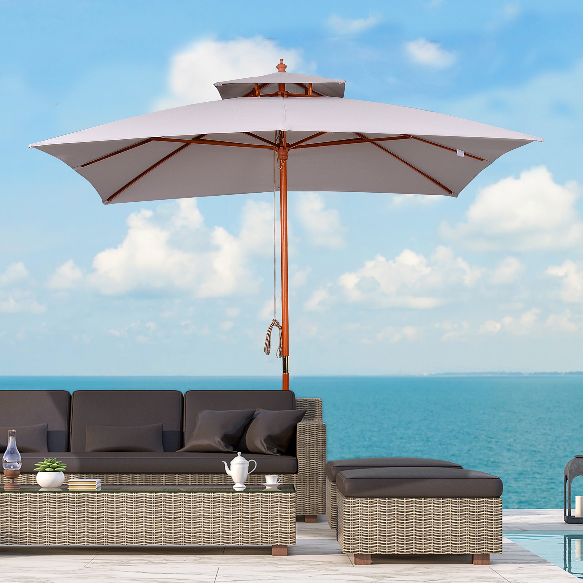 3x3x3 m Garden Umbrella Bamboo Patio Umbrella with Double Roof Pulley System Waterproof for Terrace Balcony Outdoor Gray