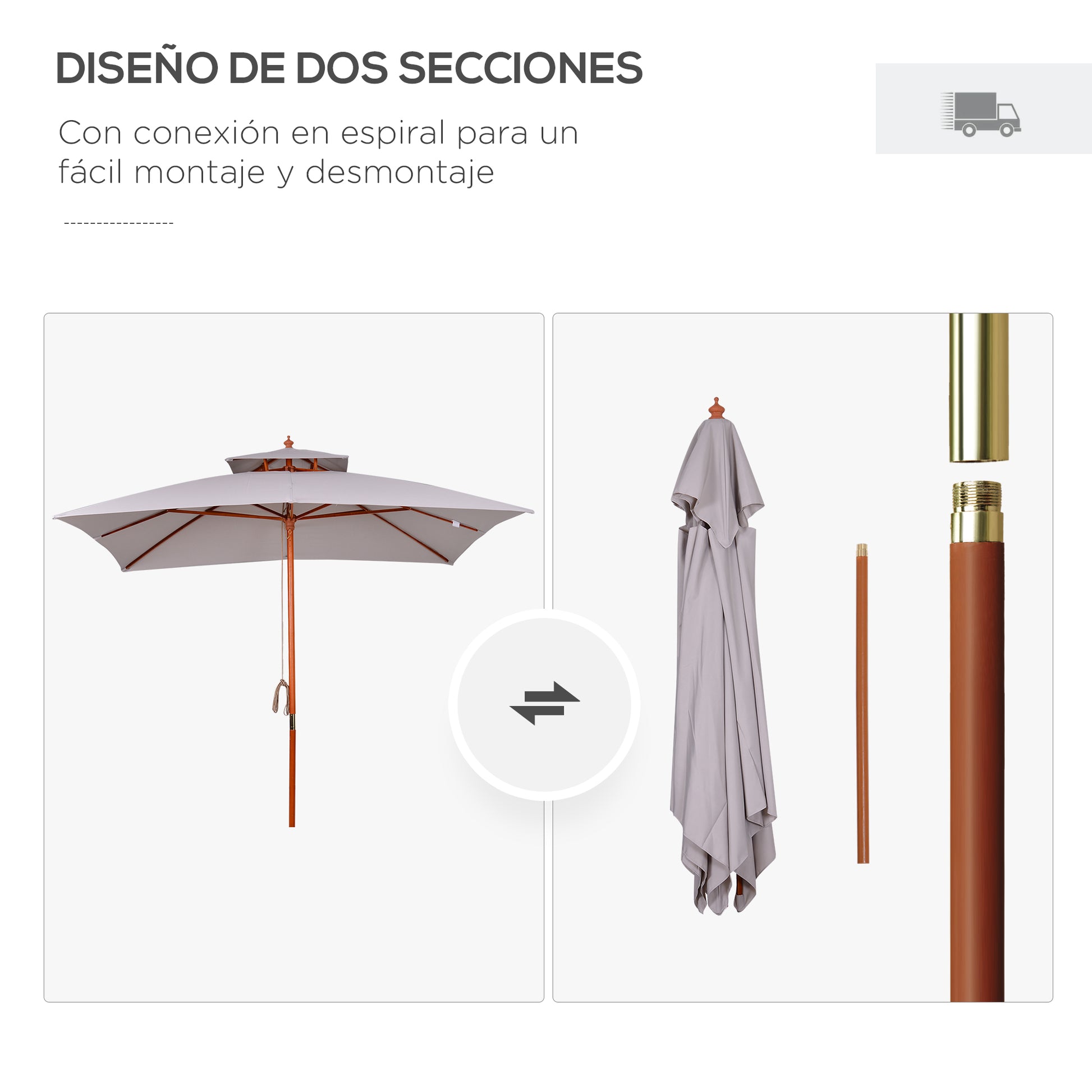 3x3x3 m Garden Umbrella Bamboo Patio Umbrella with Double Roof Pulley System Waterproof for Terrace Balcony Outdoor Gray