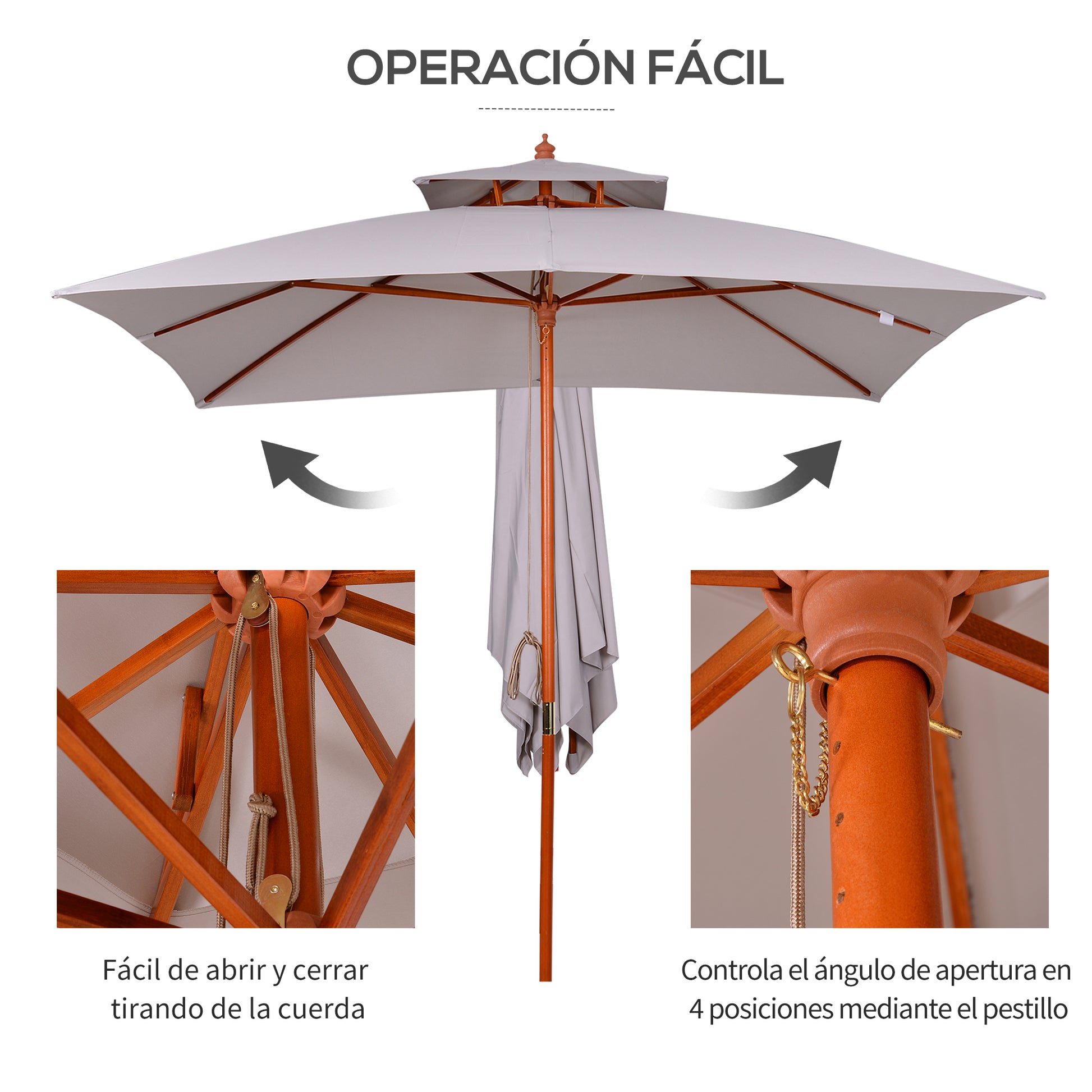 3x3x3 m Garden Umbrella Bamboo Patio Umbrella with Double Roof Pulley System Waterproof for Terrace Balcony Outdoor Gray