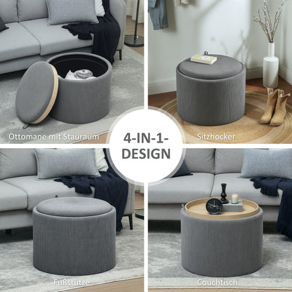 Storage Ottoman with Lid, Round Footstool Upholstered Ottoman Coffee Table with Corduroy Finish 56 x 56 x 42 cm Gray