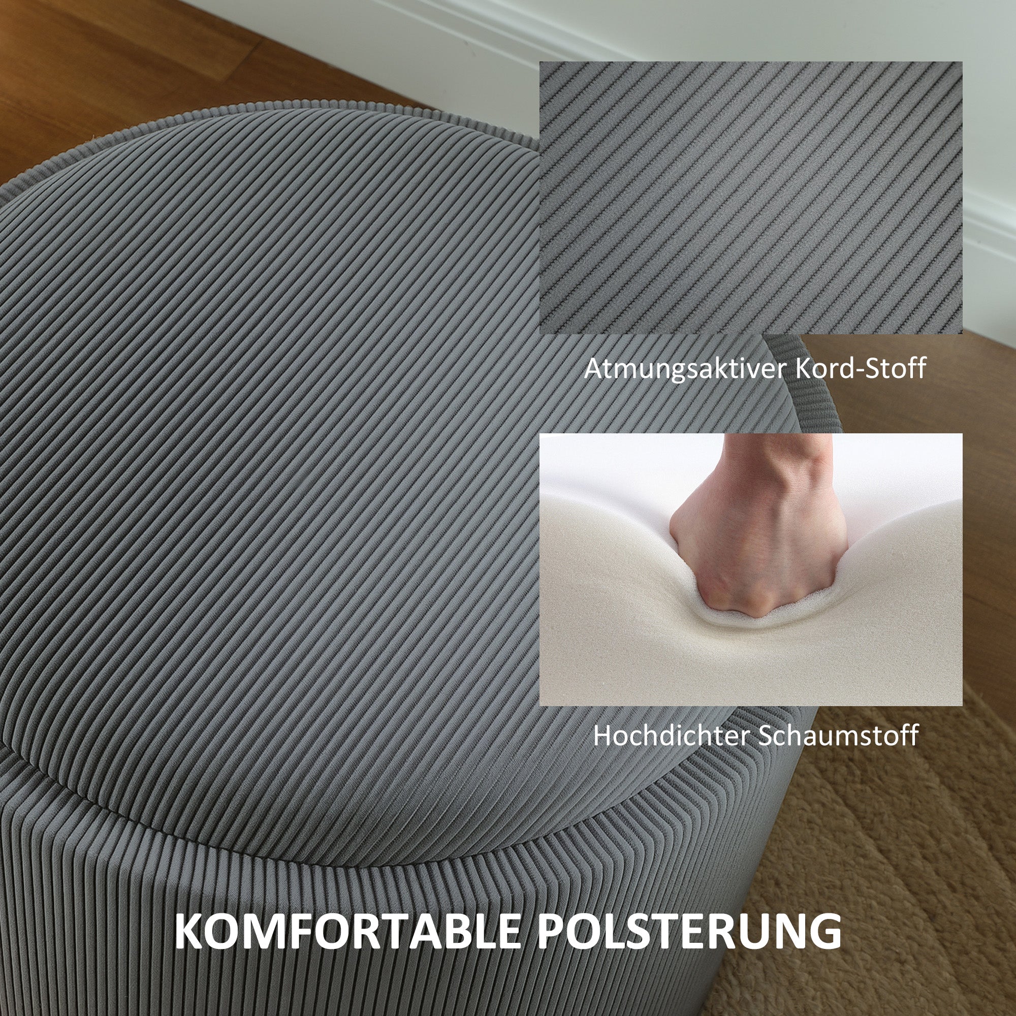 Storage Ottoman with Lid, Round Footstool Upholstered Ottoman Coffee Table with Corduroy Finish 56 x 56 x 42 cm Gray