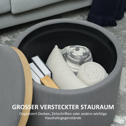 Storage Ottoman with Lid, Round Footstool Upholstered Ottoman Coffee Table with Corduroy Finish 56 x 56 x 42 cm Gray