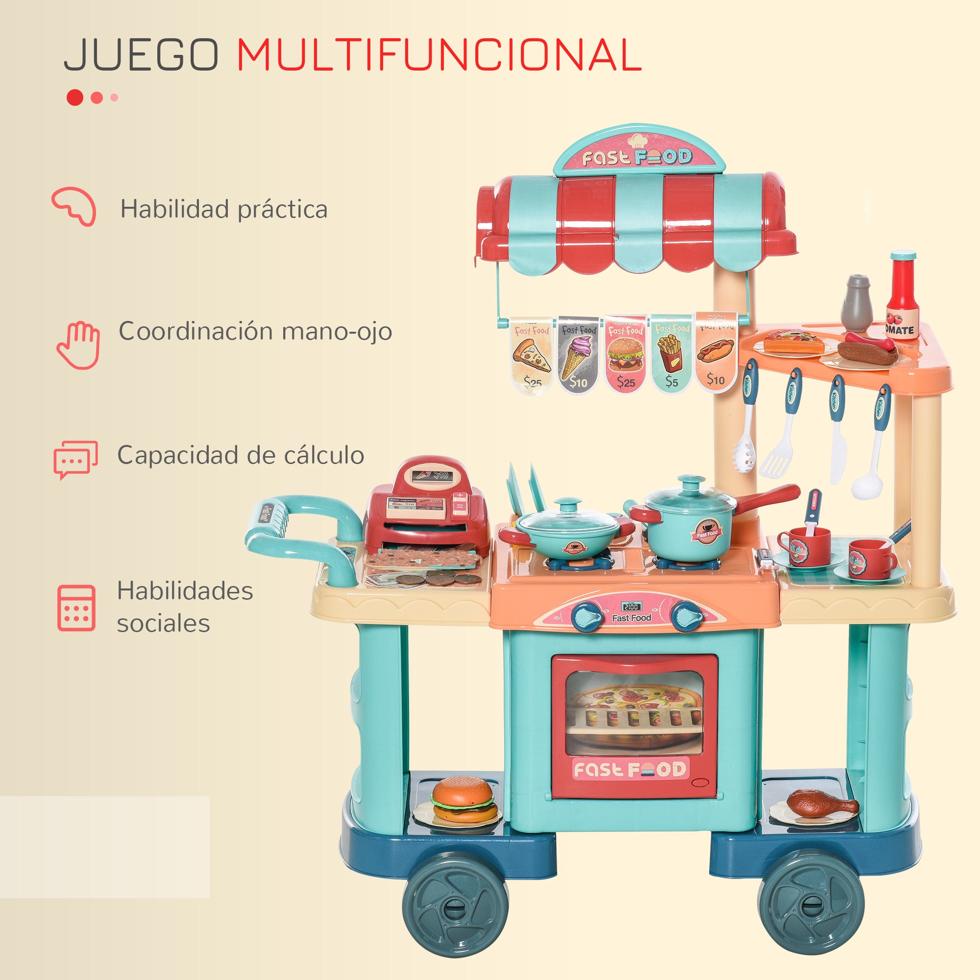 Toy Kitchen for Children 3-6 Years Old Kids Kitchen with Wheels Cash Register and Cooking Accessories 79.5x33x90.5 cm Multicolor