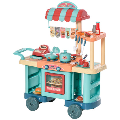 Toy Kitchen for Children 3-6 Years Old Kids Kitchen with Wheels Cash Register and Cooking Accessories 79.5x33x90.5 cm Multicolor