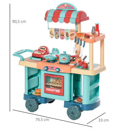 Toy Kitchen for Children 3-6 Years Old Kids Kitchen with Wheels Cash Register and Cooking Accessories 79.5x33x90.5 cm Multicolor
