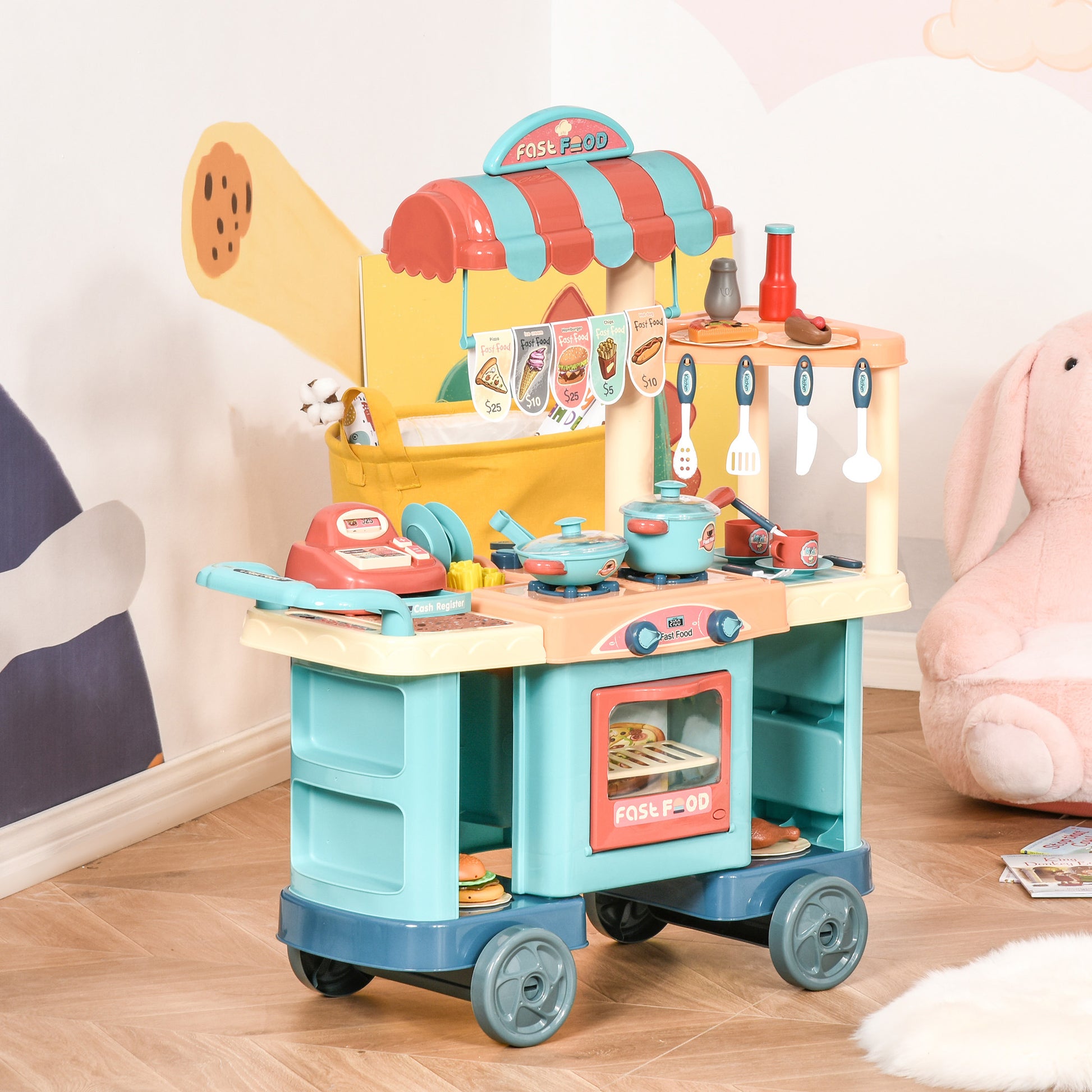 Toy Kitchen for Children 3-6 Years Old Kids Kitchen with Wheels Cash Register and Cooking Accessories 79.5x33x90.5 cm Multicolor