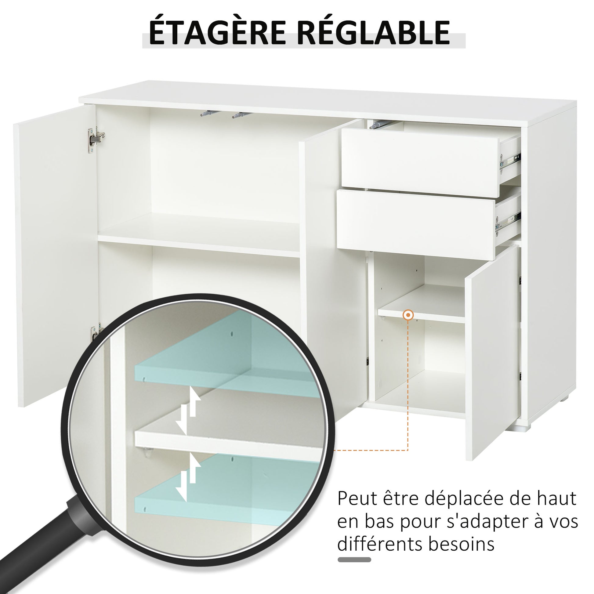 Storage Buffet Cabinet with 2 Sliding Drawers 3 Doors Adjustable Shelf Particle Board Panels 117 x 36 x 74 cm White