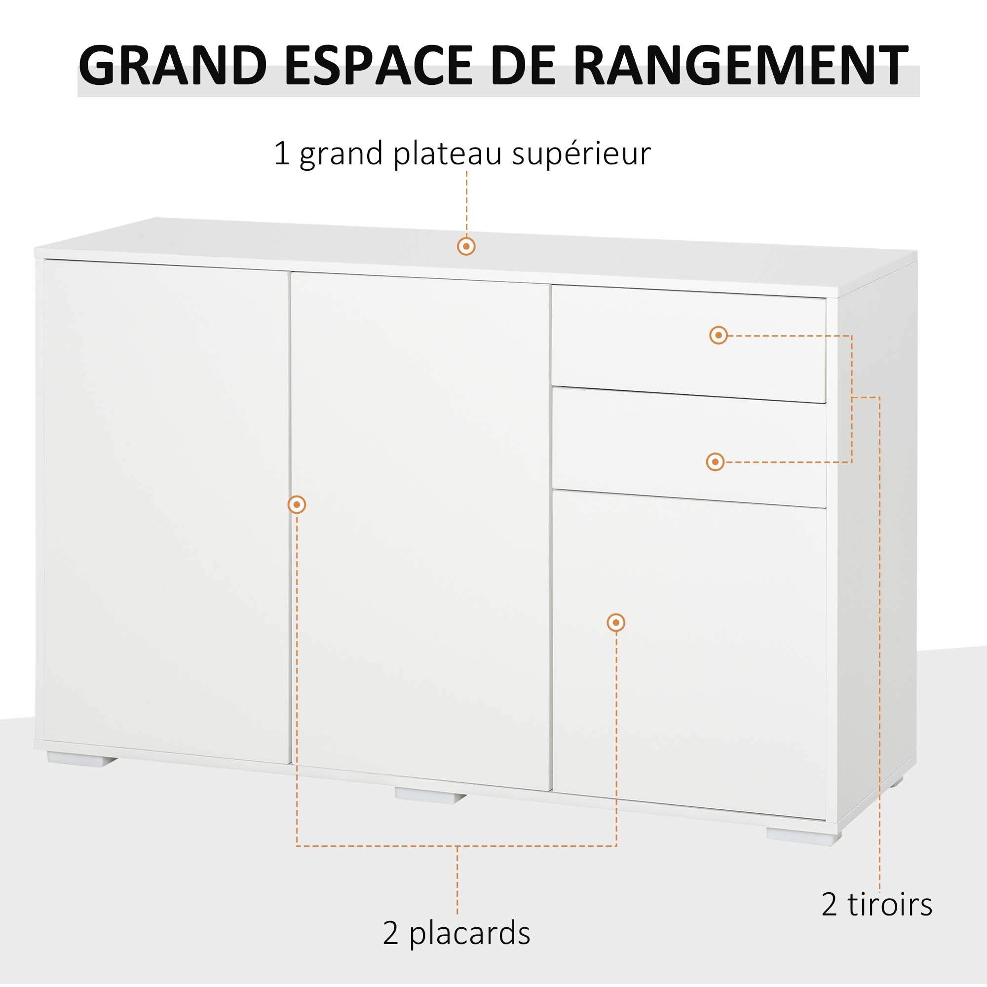 Storage Buffet Cabinet with 2 Sliding Drawers 3 Doors Adjustable Shelf Particle Board Panels 117 x 36 x 74 cm White