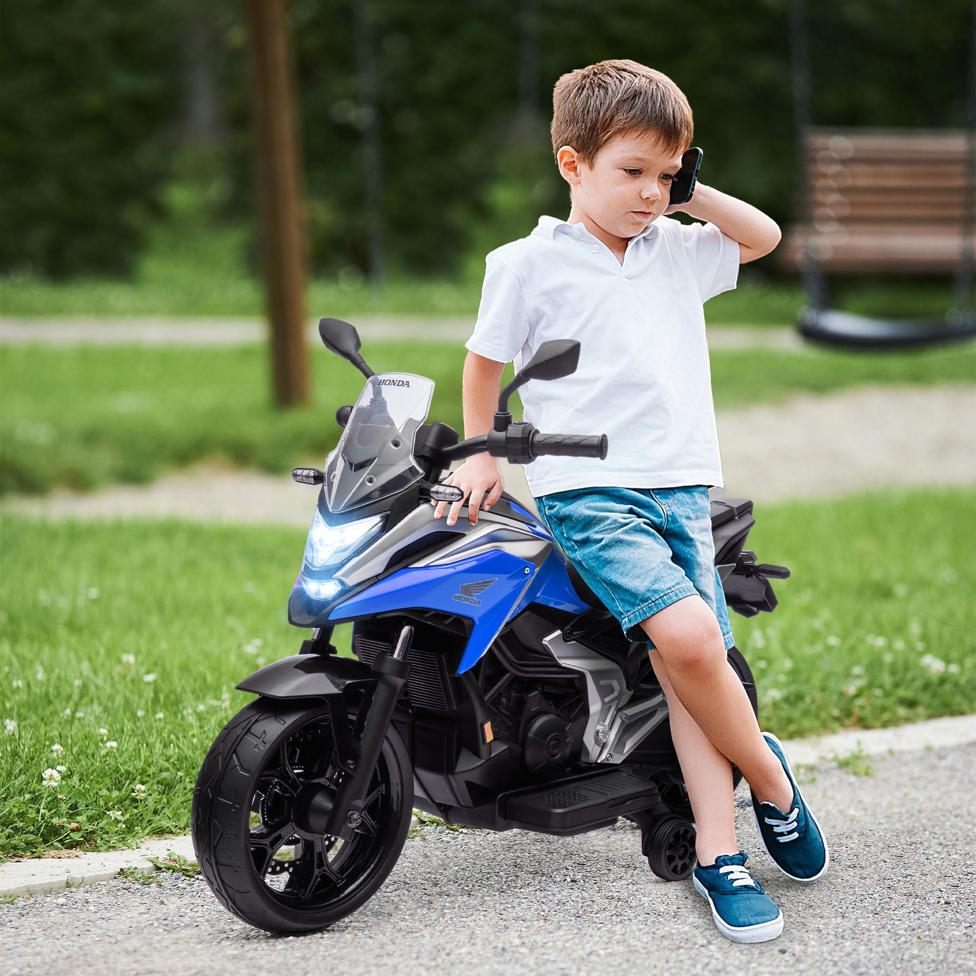 Electric Motorcycle for Kids Honda Ride-On Motorcycle for Kids 3 to 6 Years Old with Music, Headlights - Electric Vehicle with 2 Training Wheels - 107L x 46W x 75H cm Blue