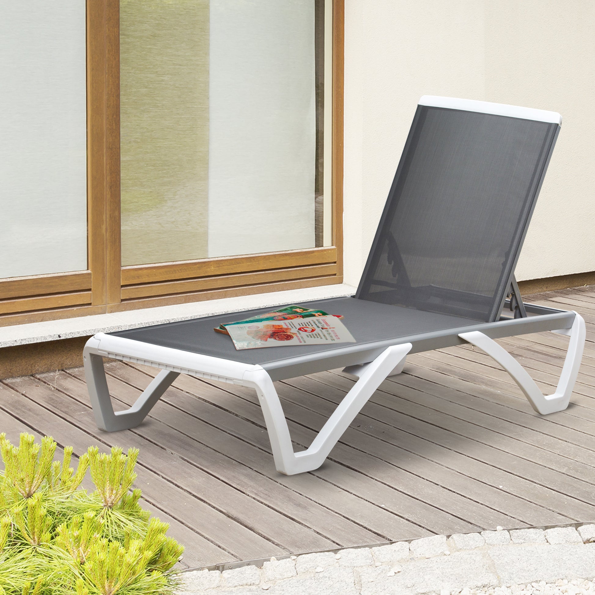 Garden Lounger Alu Sun Lounger Fabric Lounger Relax Lounger 5-way adjustable ergonomic Texteline Gray+White 170 x 67.5 x 95 cm