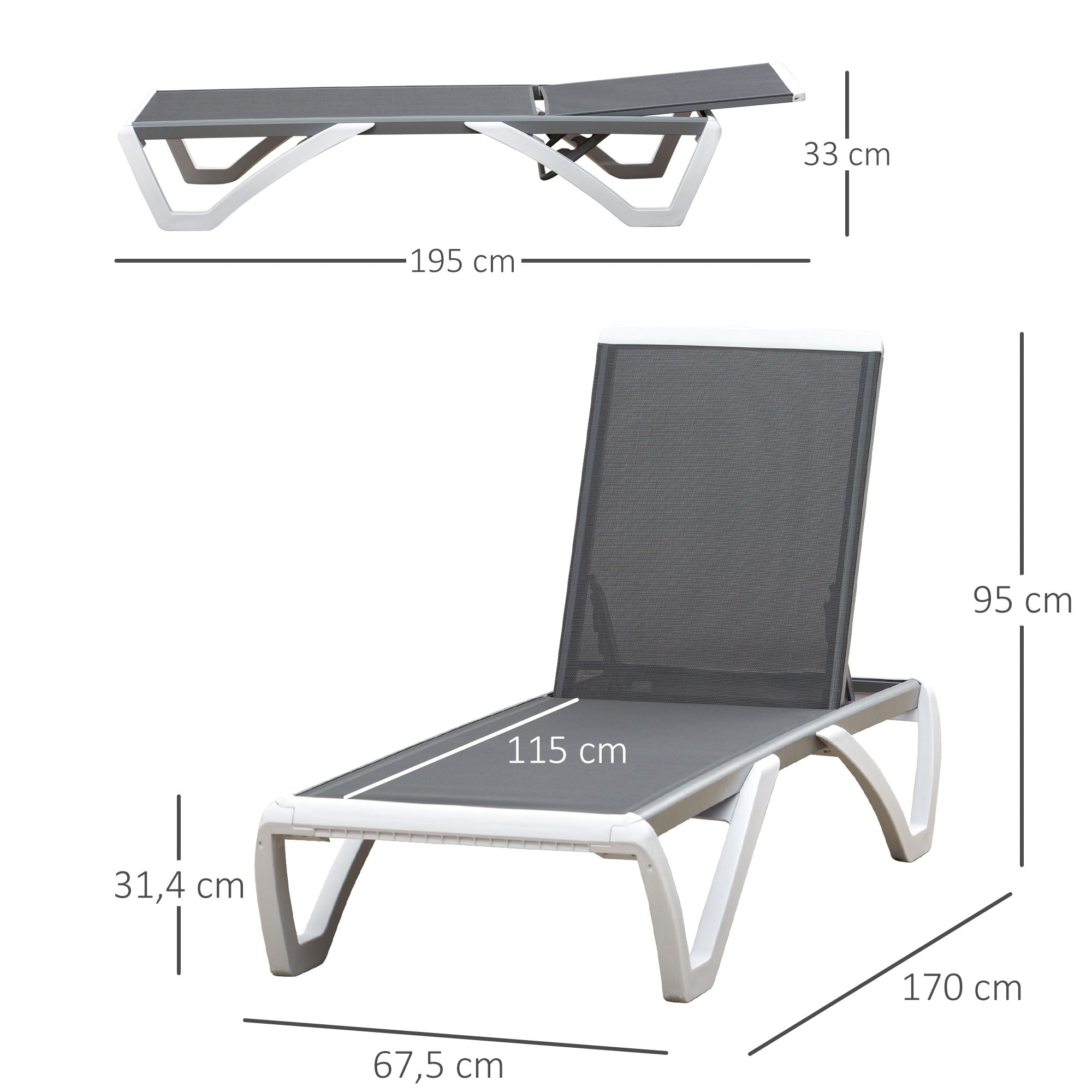 Garden Lounger Alu Sun Lounger Fabric Lounger Relax Lounger 5-way adjustable ergonomic Texteline Gray+White 170 x 67.5 x 95 cm