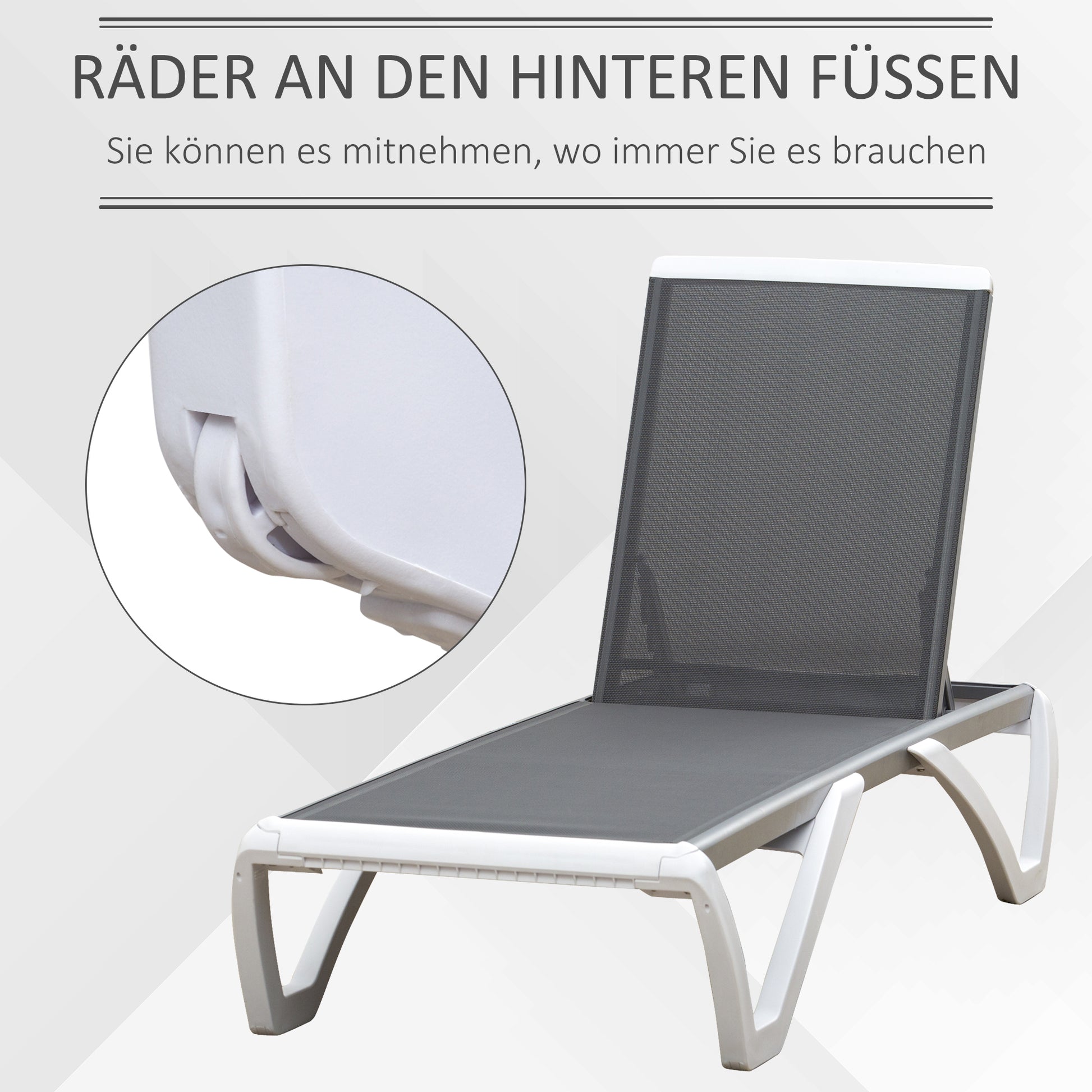 Garden Lounger Alu Sun Lounger Fabric Lounger Relax Lounger 5-way adjustable ergonomic Texteline Gray+White 170 x 67.5 x 95 cm