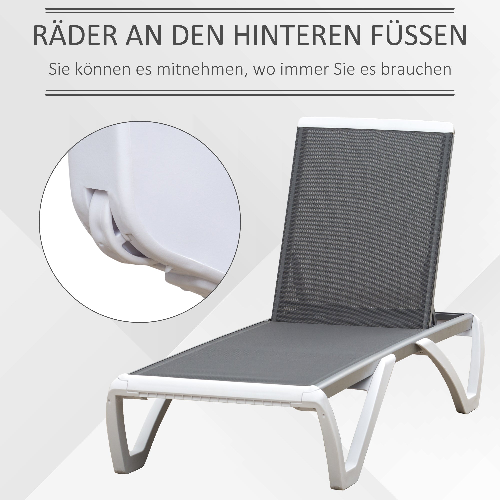 Garden Lounger Alu Sun Lounger Fabric Lounger Relax Lounger 5-way adjustable ergonomic Texteline Gray+White 170 x 67.5 x 95 cm