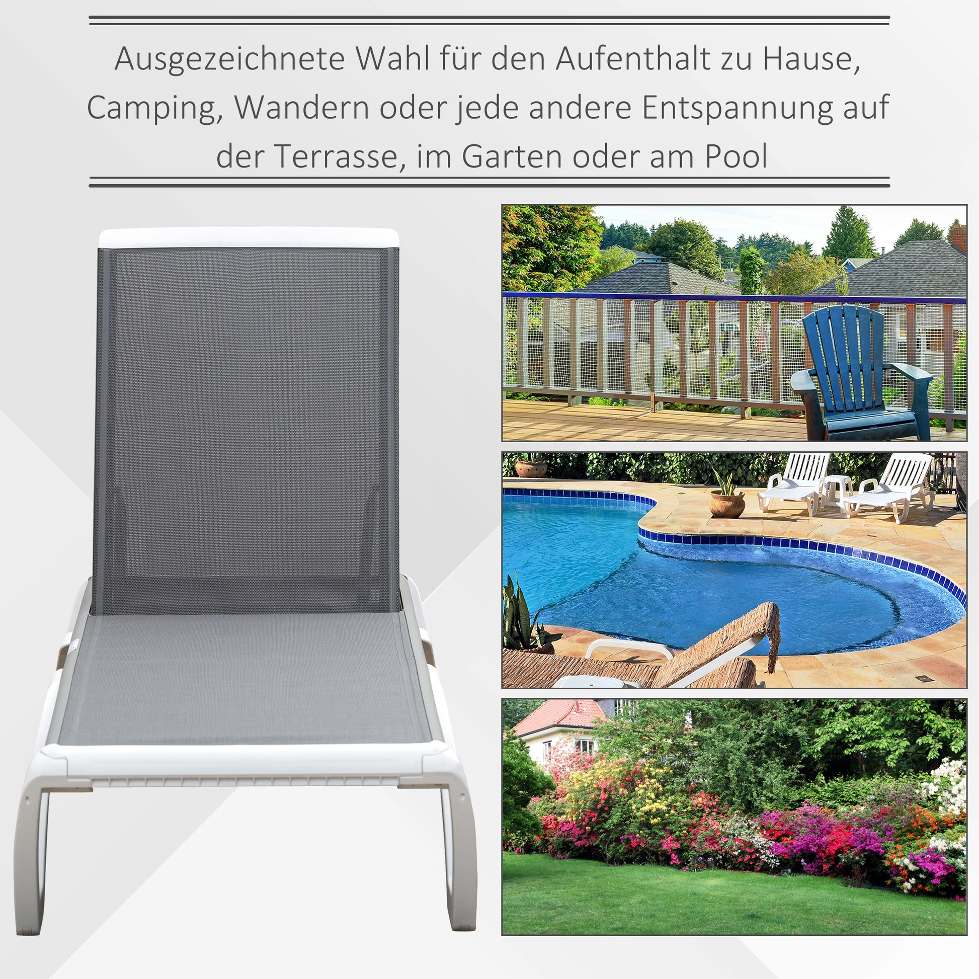 Garden Lounger Alu Sun Lounger Fabric Lounger Relax Lounger 5-way adjustable ergonomic Texteline Gray+White 170 x 67.5 x 95 cm
