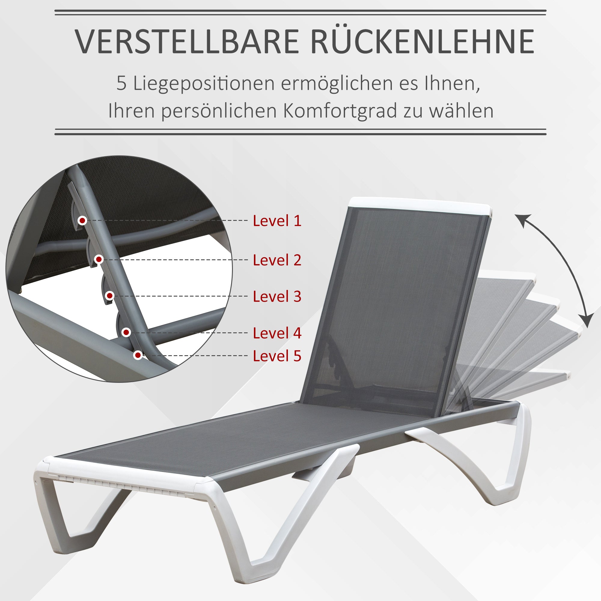 Garden Lounger Alu Sun Lounger Fabric Lounger Relax Lounger 5-way adjustable ergonomic Texteline Gray+White 170 x 67.5 x 95 cm