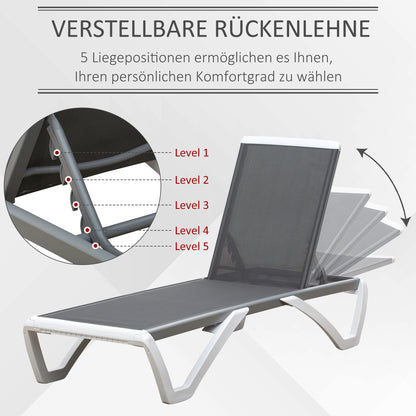 Garden Lounger Alu Sun Lounger Fabric Lounger Relax Lounger 5-way adjustable ergonomic Texteline Gray+White 170 x 67.5 x 95 cm