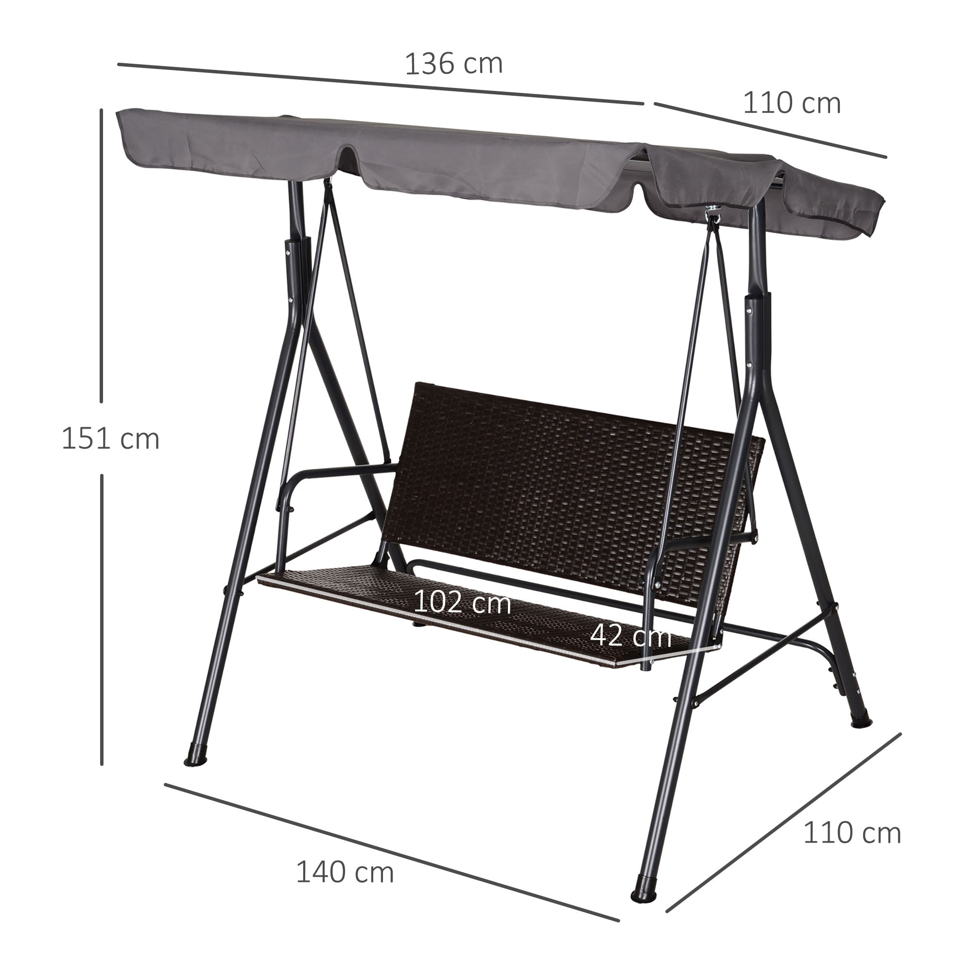 Hollywood Swing 2-Seater Garden Swing Bench Adjustable Sunshade Steel Frame Rattan 140 x 110 x 151 cm