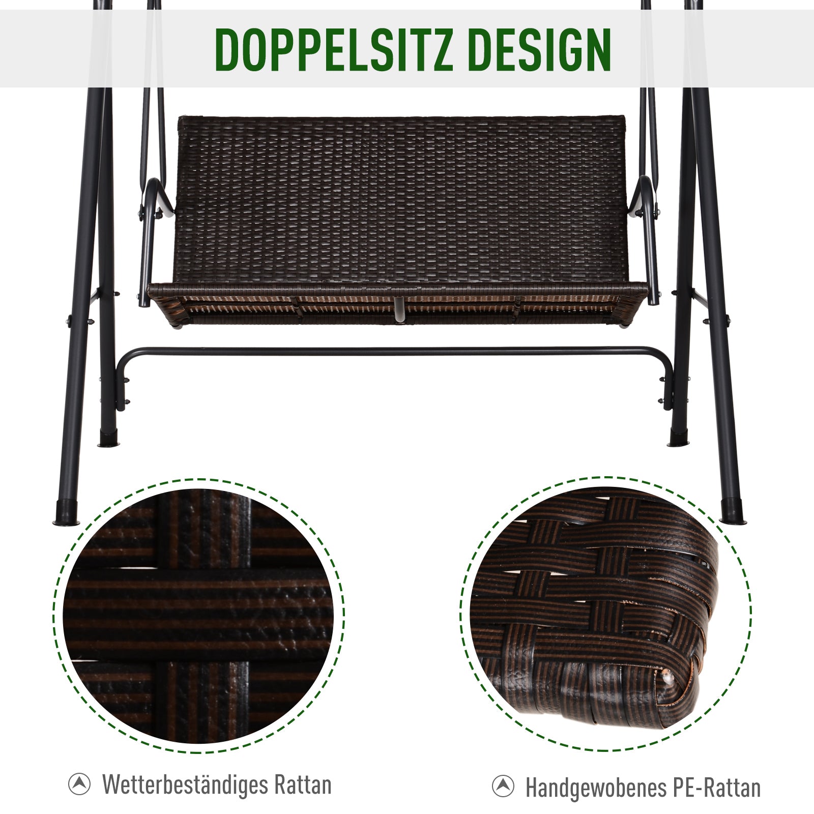 Hollywood Swing 2-Seater Garden Swing Bench Adjustable Sunshade Steel Frame Rattan 140 x 110 x 151 cm
