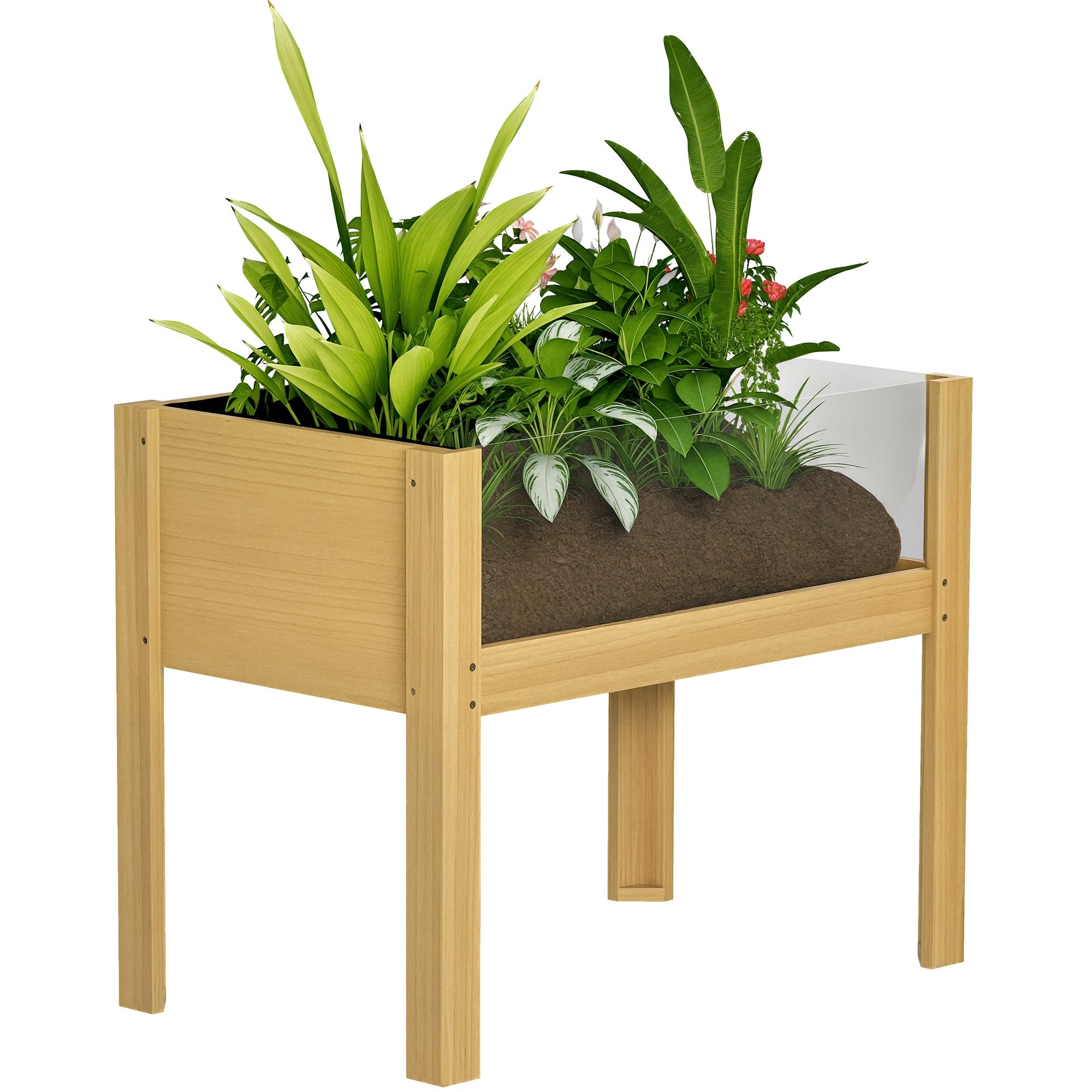 Wooden Raised Garden Bed with Acrylic Panels Elevated Planter for Cultivating Flowers Vegetables in Garden Patio 75x46x60.5 cm Natural