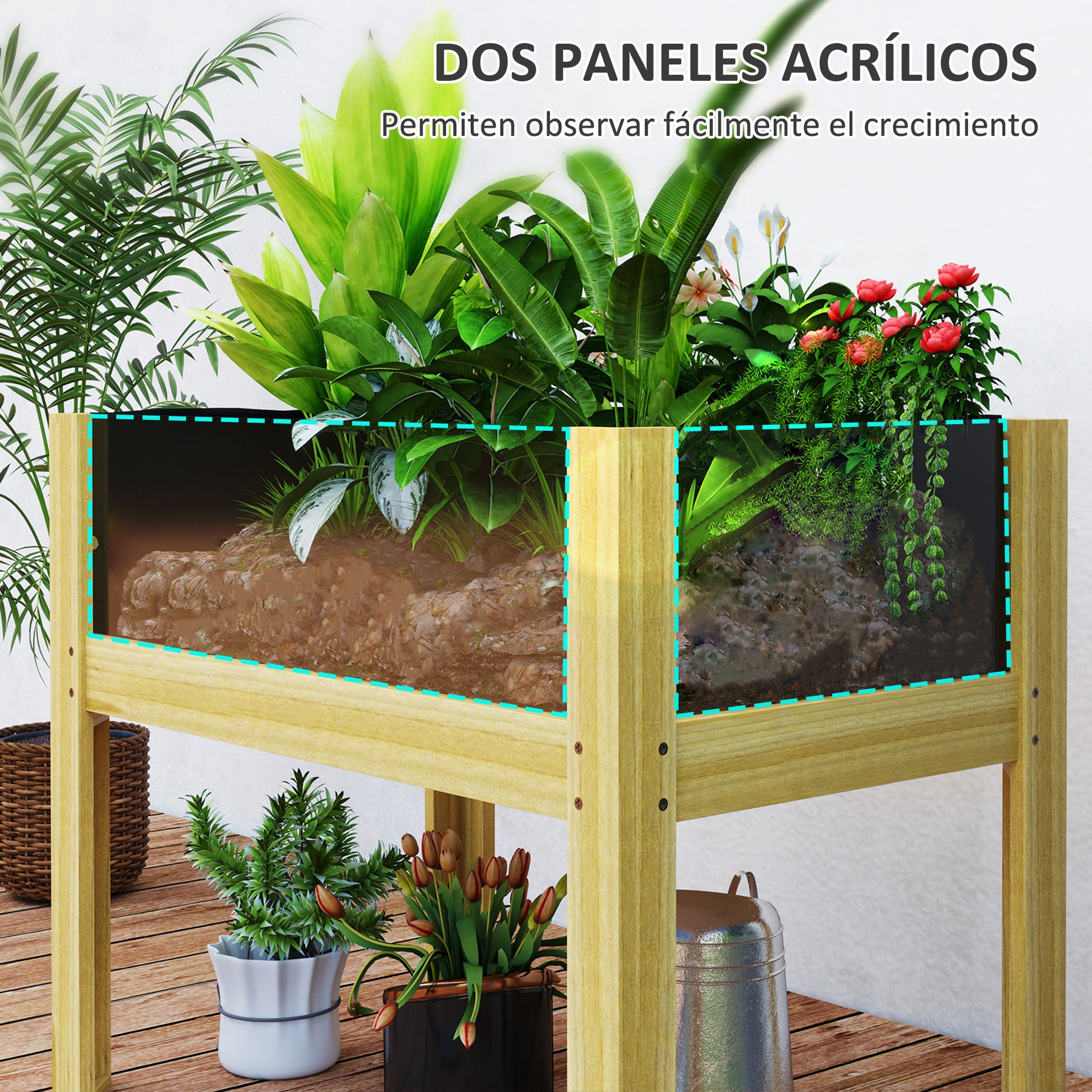 Wooden Raised Garden Bed with Acrylic Panels Elevated Planter for Cultivating Flowers Vegetables in Garden Patio 75x46x60.5 cm Natural
