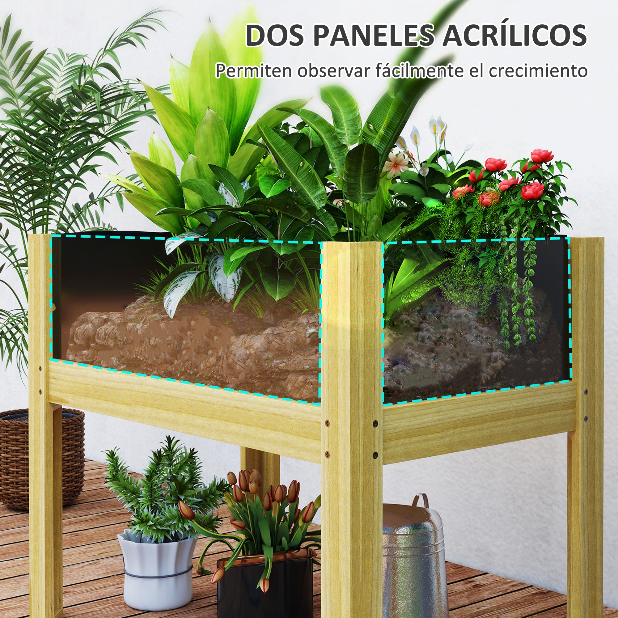 Wooden Raised Garden Bed with Acrylic Panels Elevated Planter for Cultivating Flowers Vegetables in Garden Patio 75x46x60.5 cm Natural