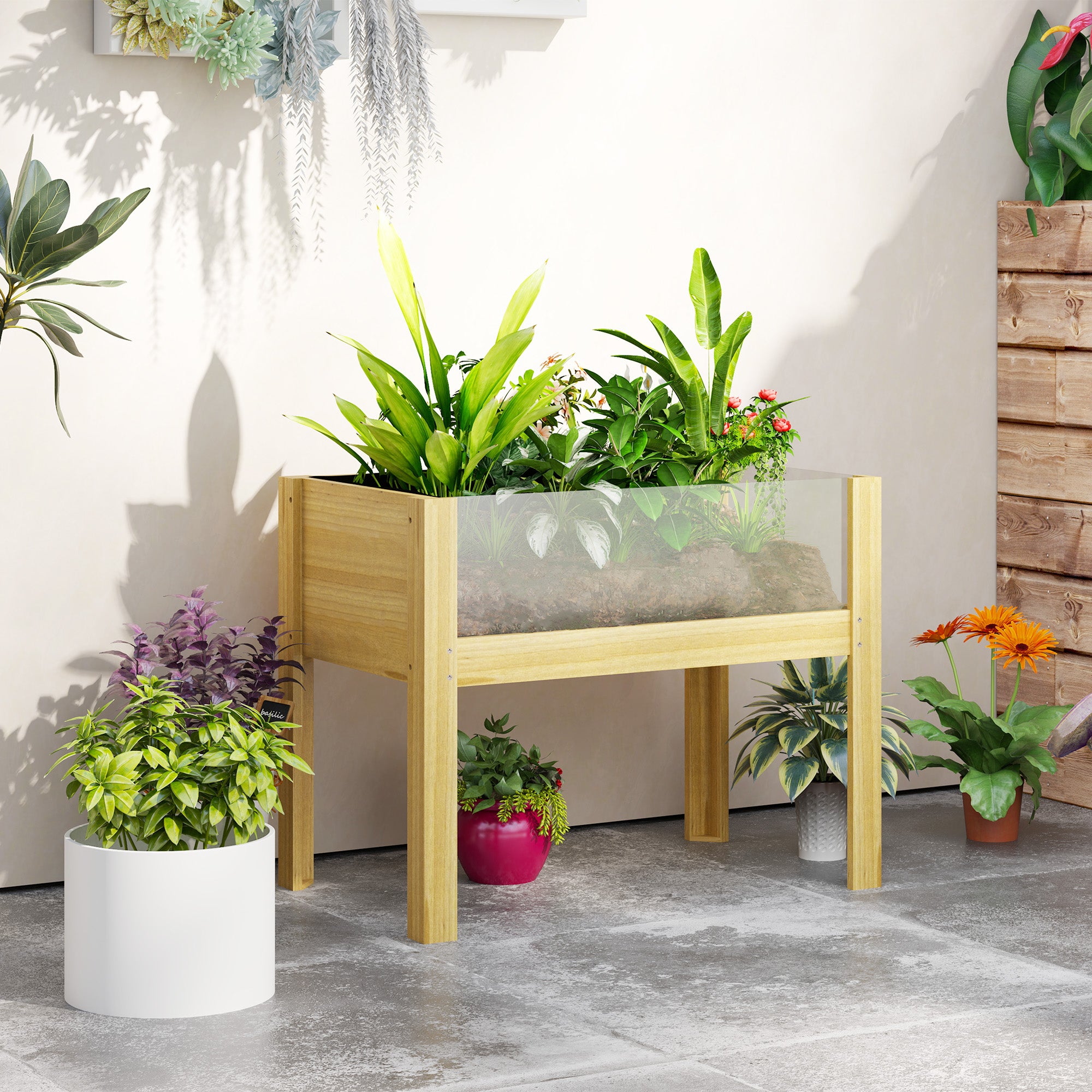 Wooden Raised Garden Bed with Acrylic Panels Elevated Planter for Cultivating Flowers Vegetables in Garden Patio 75x46x60.5 cm Natural
