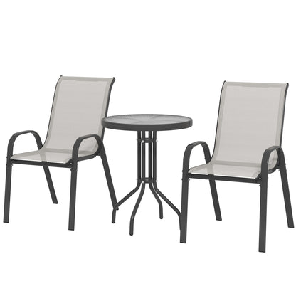3-Piece Outdoor Patio Set — 2 Stackable Armchairs & Round Tempered Glass Table, Textilene Fabric, for Patio, Terrace, Balcony, Light Gray
