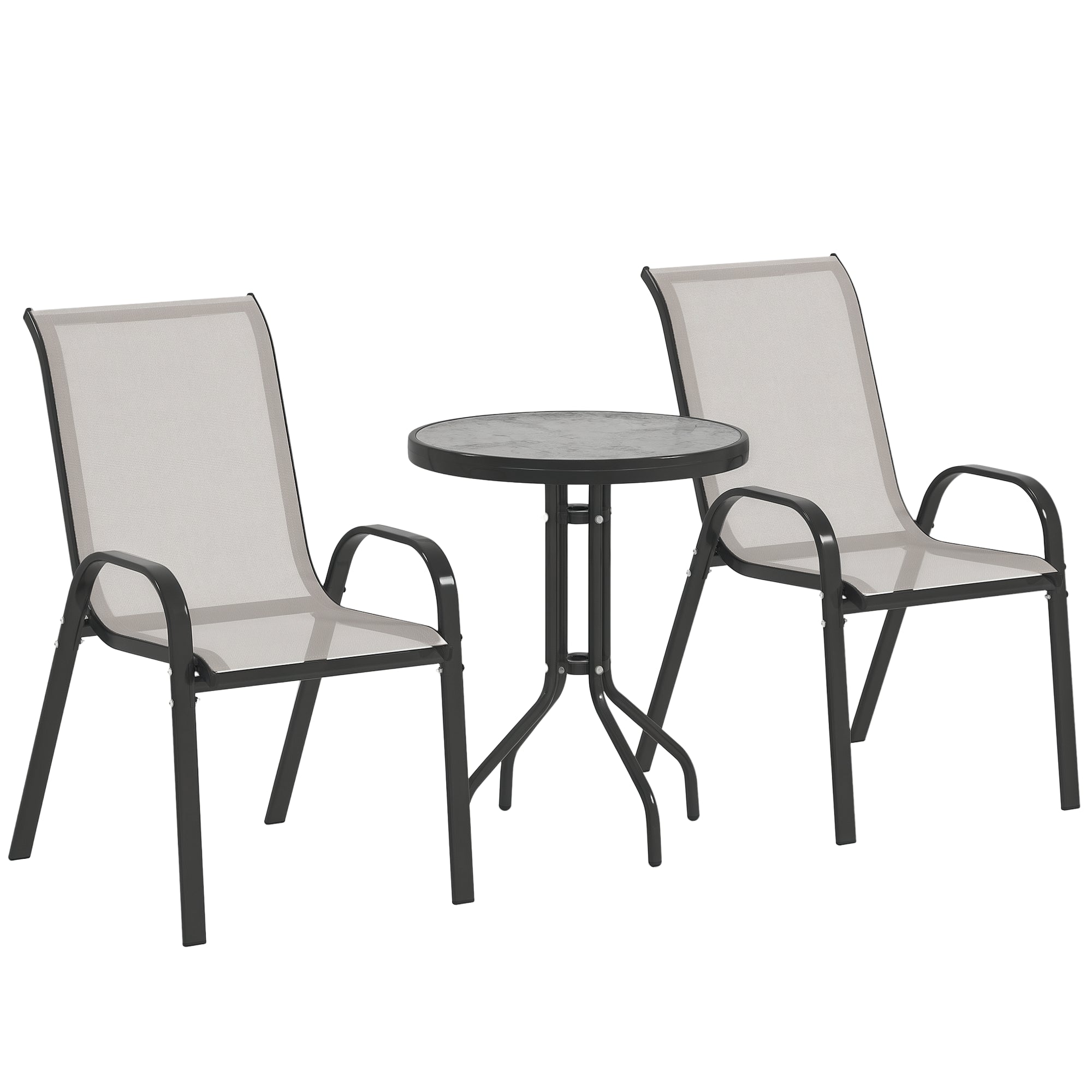 3-Piece Outdoor Patio Set — 2 Stackable Armchairs & Round Tempered Glass Table, Textilene Fabric, for Patio, Terrace, Balcony, Light Gray