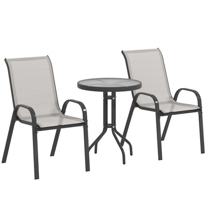 3-Piece Outdoor Patio Set — 2 Stackable Armchairs & Round Tempered Glass Table, Textilene Fabric, for Patio, Terrace, Balcony, Light Gray