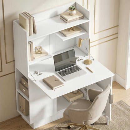 Folding Desk with Shelves & Cabinet, 31.5 x 11.8 x 50.4 in, Modern Home Office Table, White