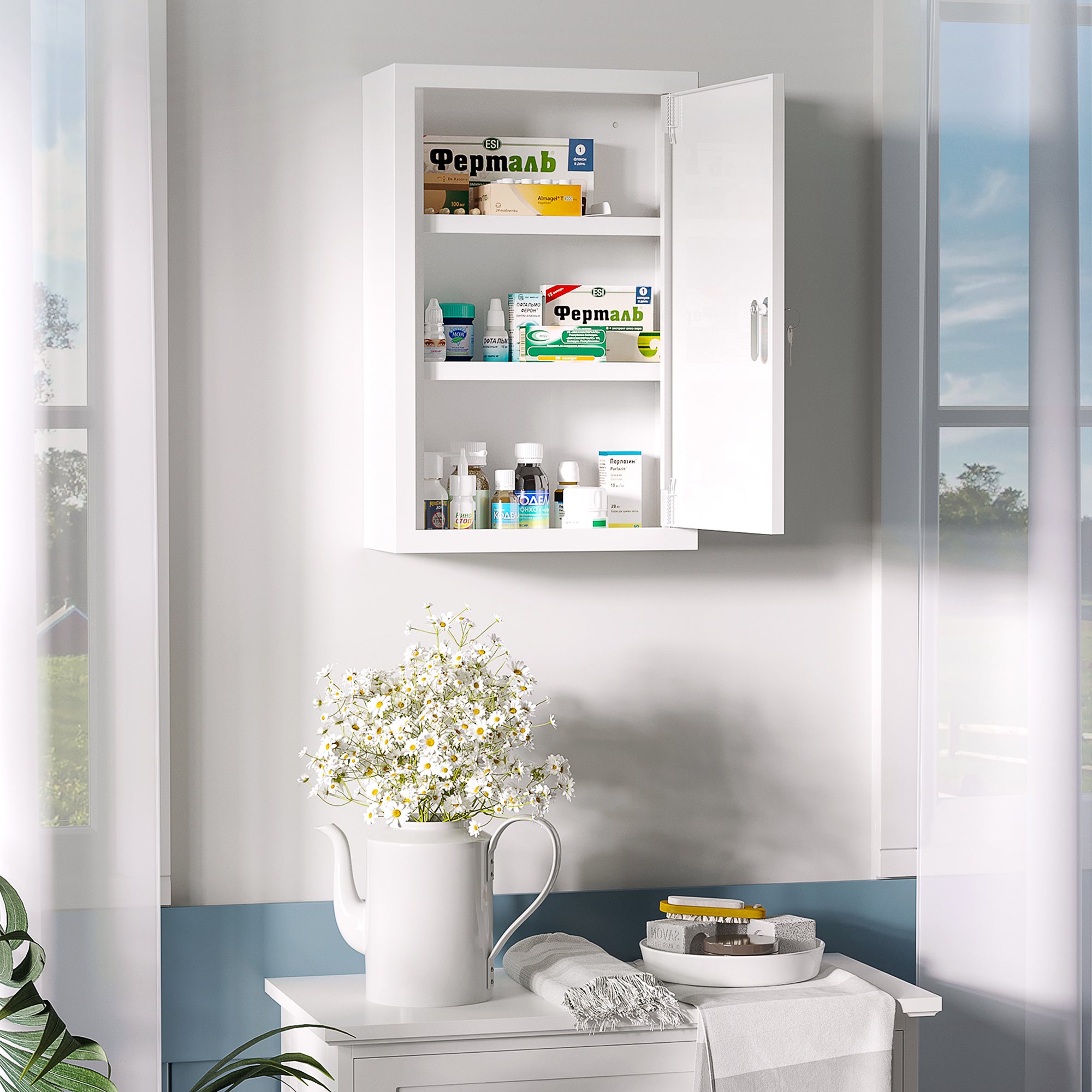 Medicine Cabinet, Pharmacy Cabinet with 3 Compartments, Medication Cabinet, Lockable First Aid Cabinet with 2 Keys, Steel, White, 30 x 14 x 46 cm