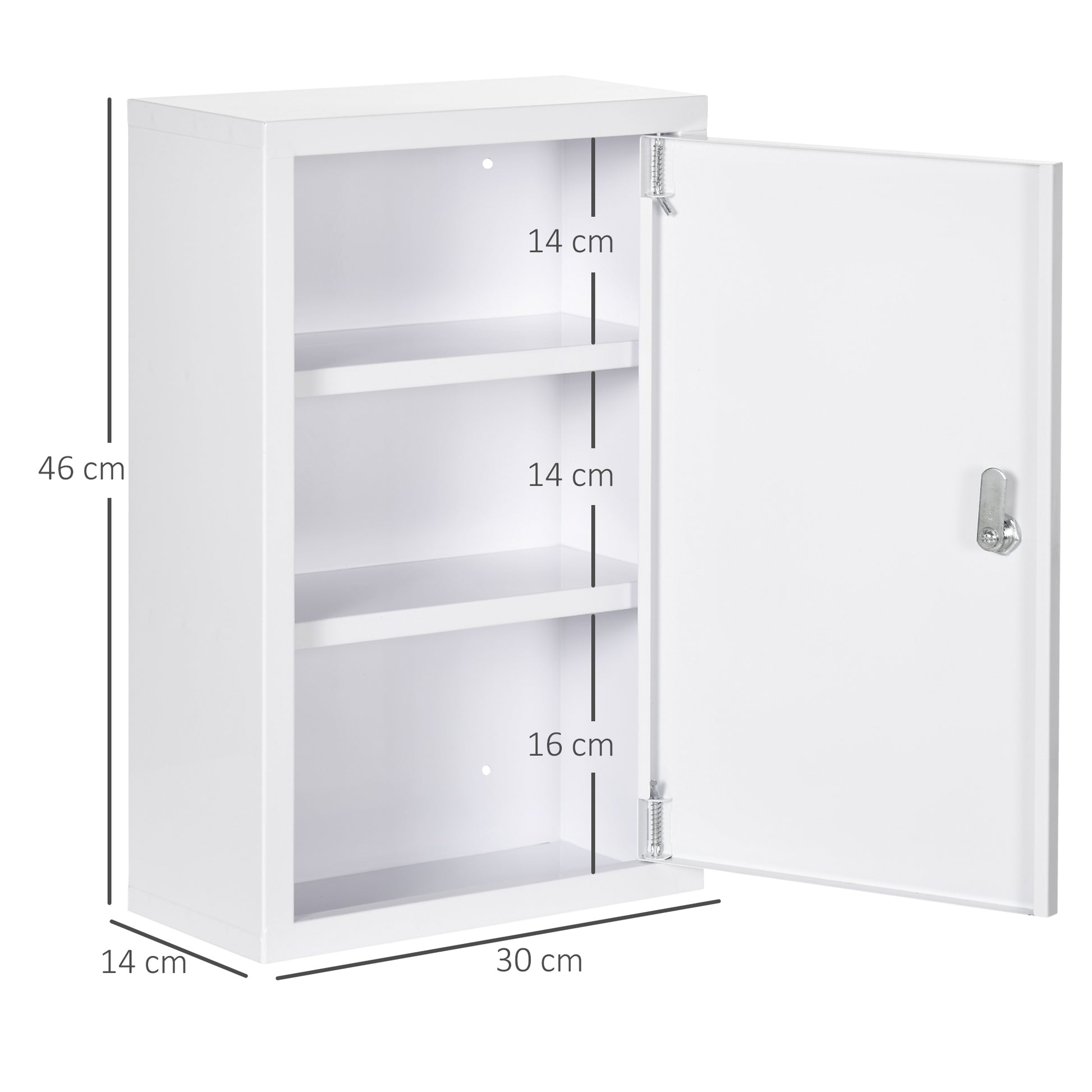 Medicine Cabinet, Pharmacy Cabinet with 3 Compartments, Medication Cabinet, Lockable First Aid Cabinet with 2 Keys, Steel, White, 30 x 14 x 46 cm