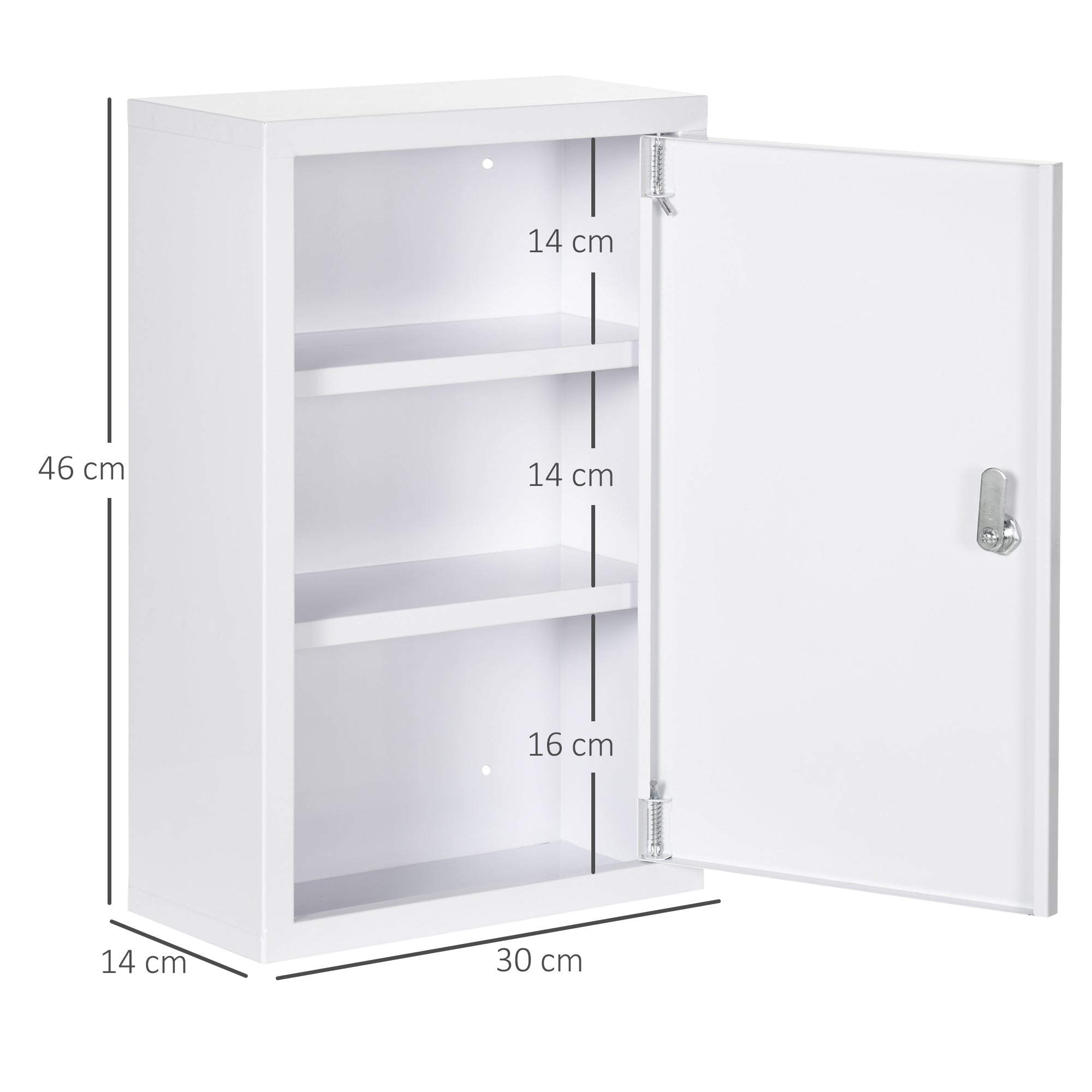 Medicine Cabinet, Pharmacy Cabinet with 3 Compartments, Medication Cabinet, Lockable First Aid Cabinet with 2 Keys, Steel, White, 30 x 14 x 46 cm